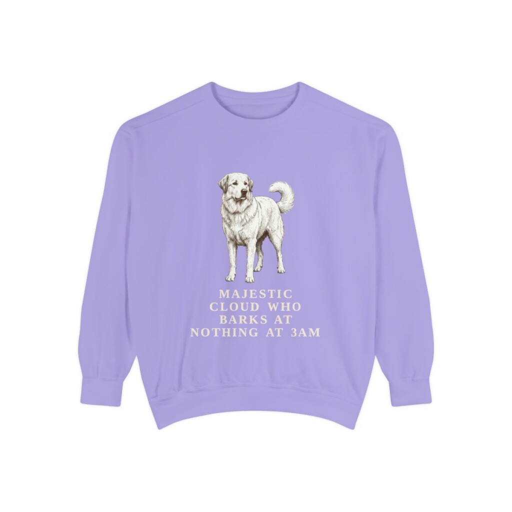 great-pyrenees-sweatshirt-humor-violet Great Pyrenees Humor Sweatshirt, Violet, front view