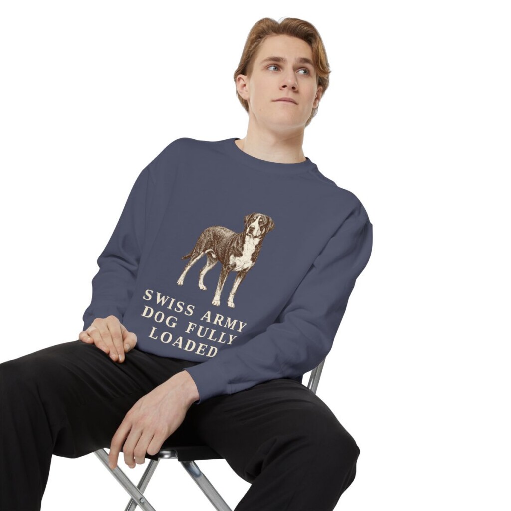 Greater Swiss Mountain Dog Humor Sweatshirt, Denim, person 1 context