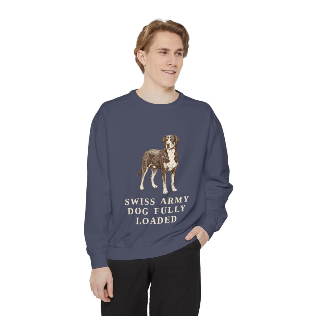 Greater Swiss Mountain Dog Humor Sweatshirt, Denim, person 1 front