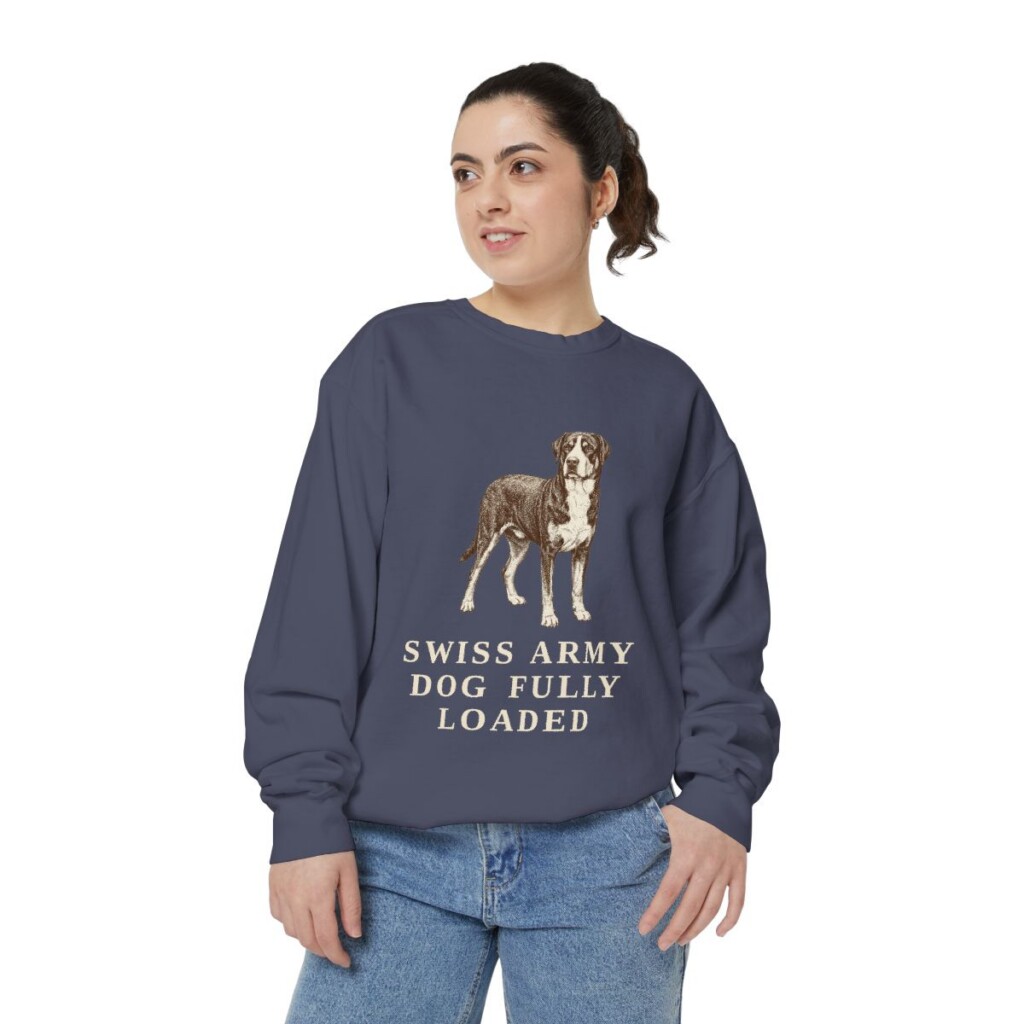 Greater Swiss Mountain Dog Humor Sweatshirt, Denim, person 2 front