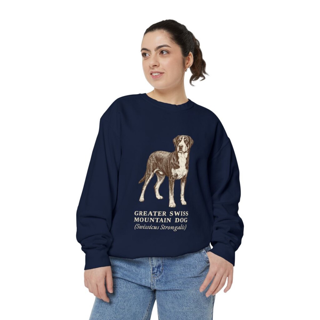 Greater Swiss Mountain Dog Latin Sweatshirt, True Navy, person 2 front