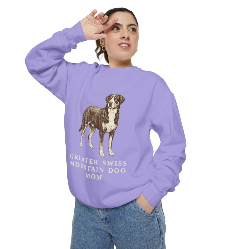greater-swiss-mountain-dog-sweatshirt-mom-violet-person-2-context Greater Swiss Mountain Dog Mom Sweatshirt, Violet, person 2 context