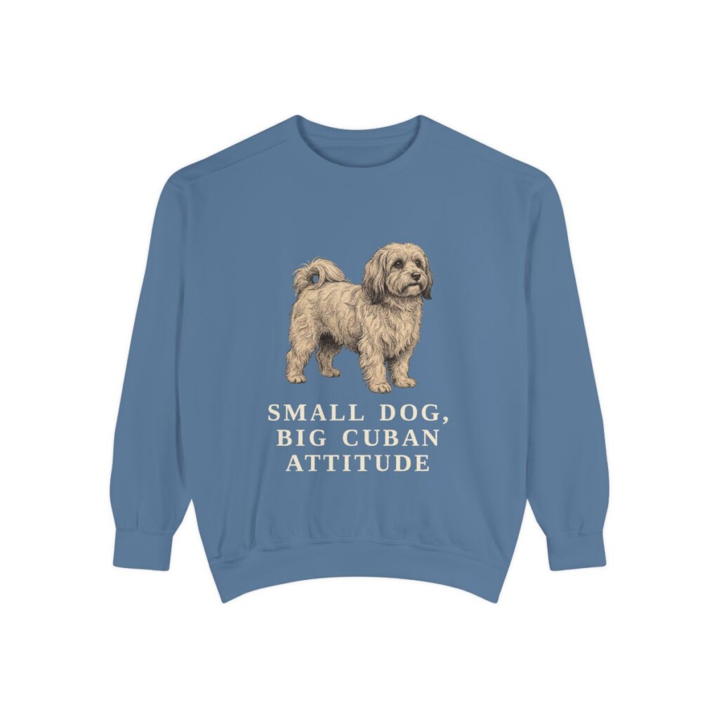 havanese-sweatshirt-humor-blue-jean Havanese Humor Sweatshirt, Blue Jean, front view