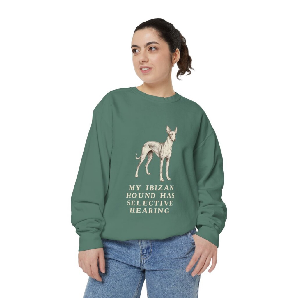 Ibizan Hound Humor Sweatshirt, Light Green, person 2 front