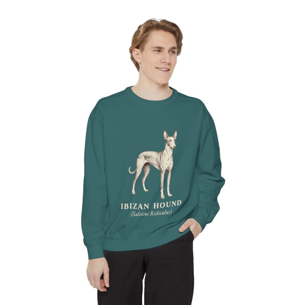 Ibizan Hound Latin Sweatshirt, Blue Spruce, person 1 front