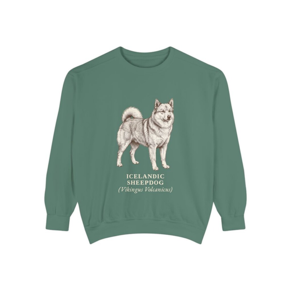 icelandic-sheepdog-sweatshirt-latin-light-green Icelandic Sheepdog Latin Sweatshirt, Light Green, front view