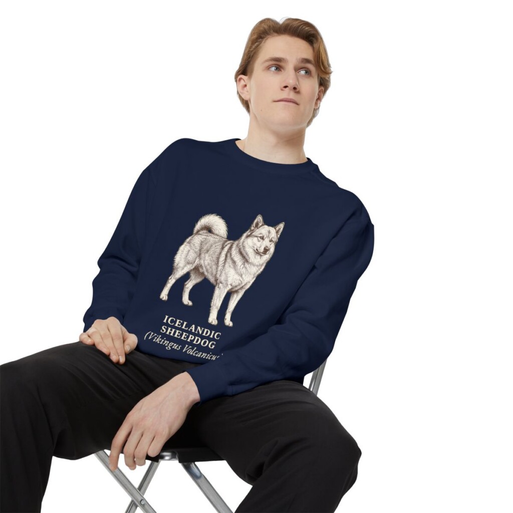 icelandic-sheepdog-sweatshirt-latin-true-navy-person-1-context Icelandic Sheepdog Latin Sweatshirt, True Navy, person 1 context