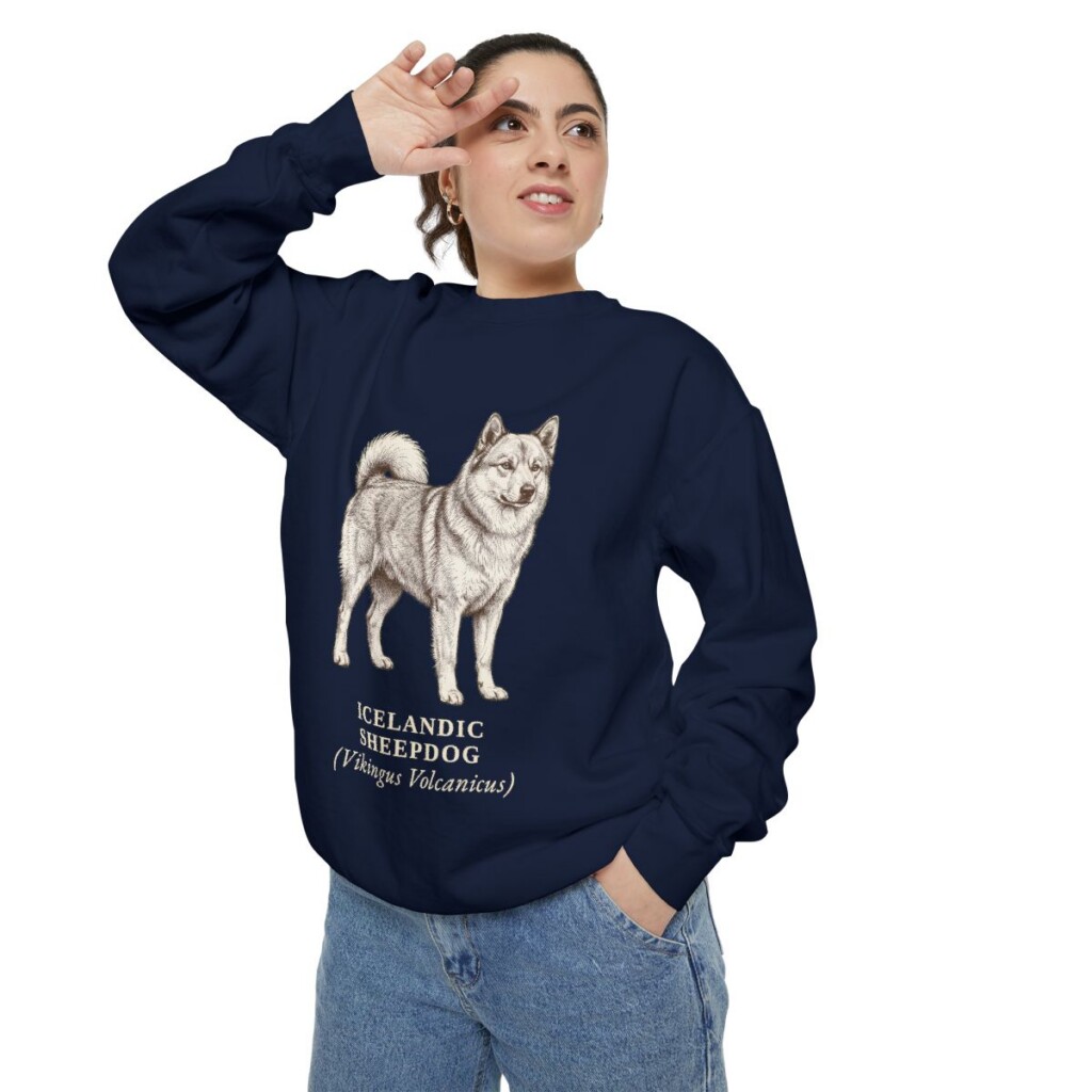 icelandic-sheepdog-sweatshirt-latin-true-navy-person-2-context Icelandic Sheepdog Latin Sweatshirt, True Navy, person 2 context