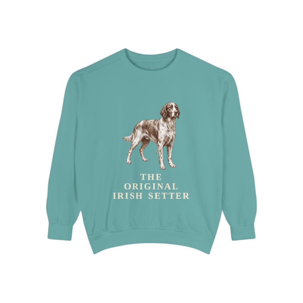 Irish Red and White Setter Humor Sweatshirt, Seafoam, front view