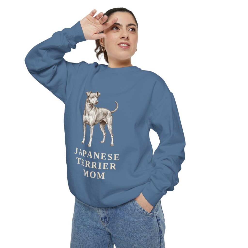 Japanese Terrier Mom Sweatshirt, Blue Jean, person 2 context