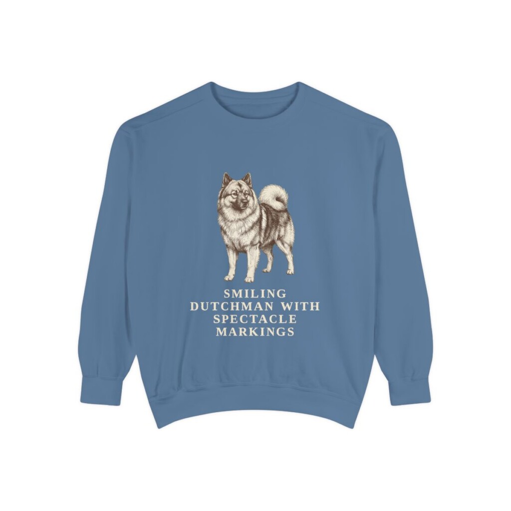 Keeshond Humor Sweatshirt, Blue Jean, front view