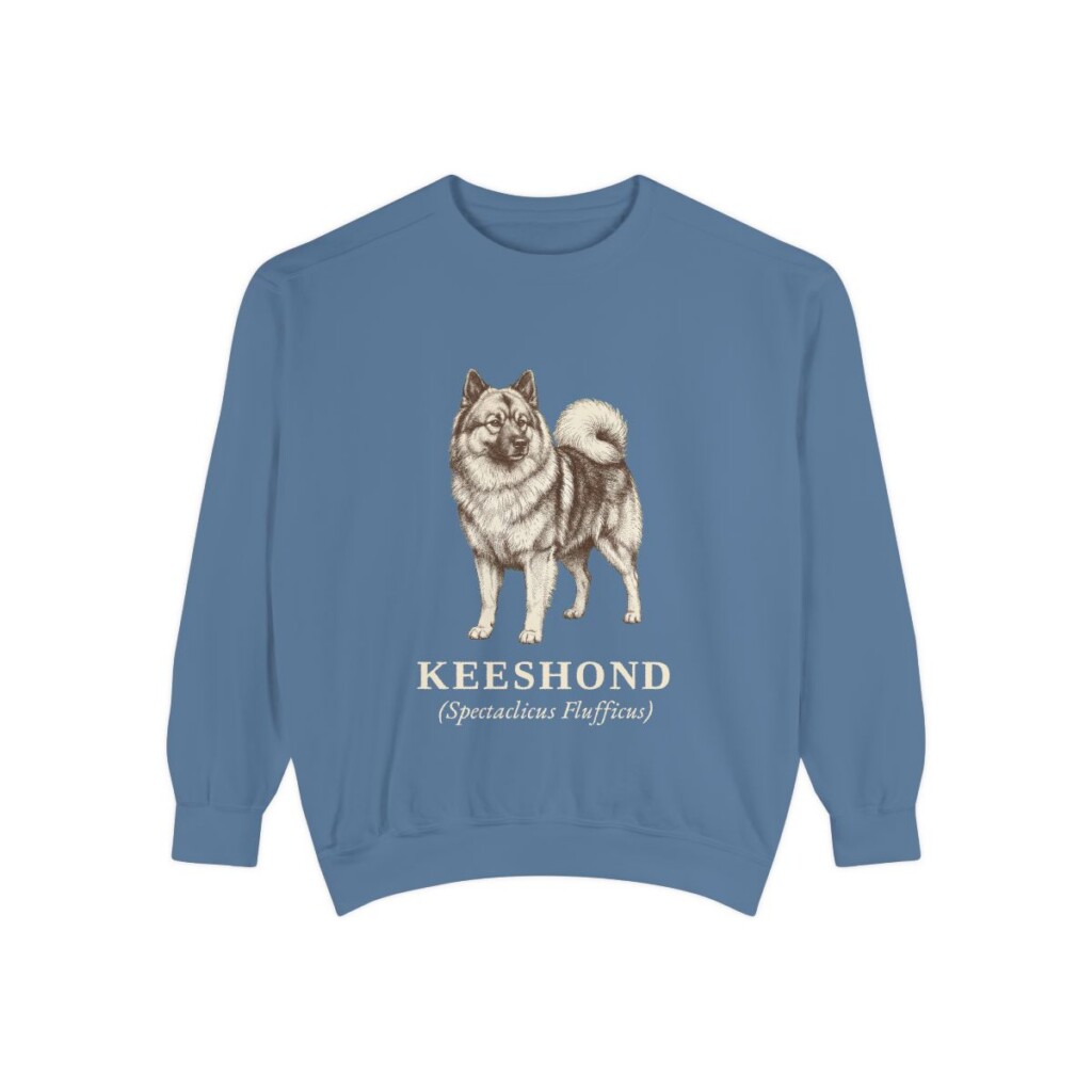 Keeshond Latin Sweatshirt, Blue Jean, front view