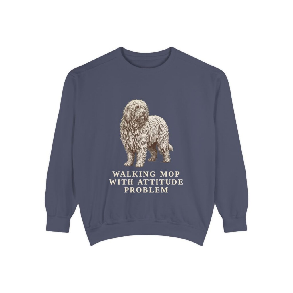Komondor Humor Sweatshirt, Denim, front view