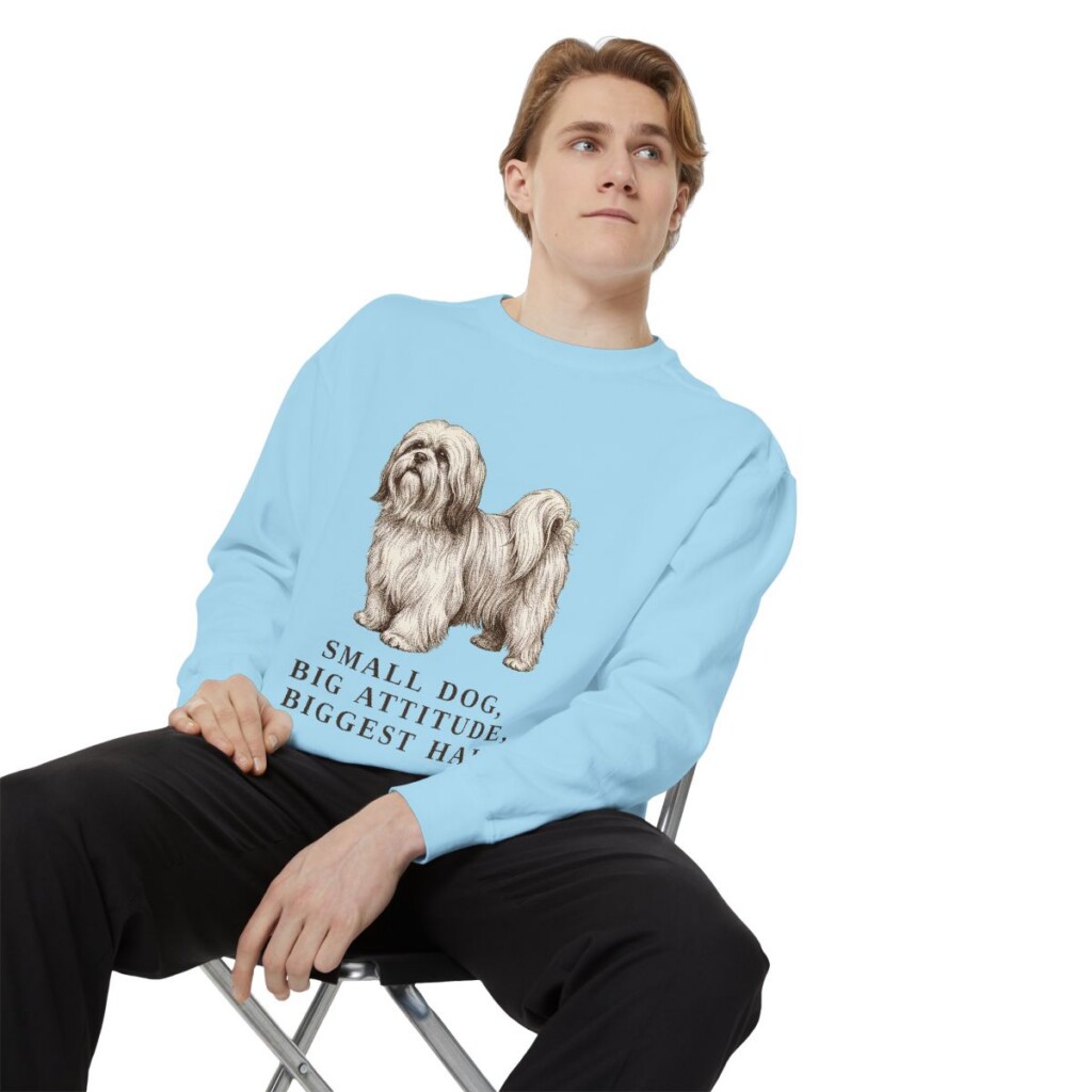 Lhasa Apso Humor Sweatshirt, Chambray, person 1 context