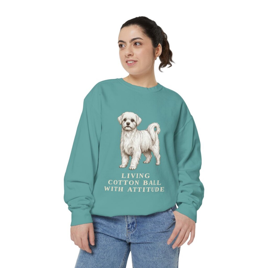 Maltese Humor Sweatshirt, Seafoam, person 2 front