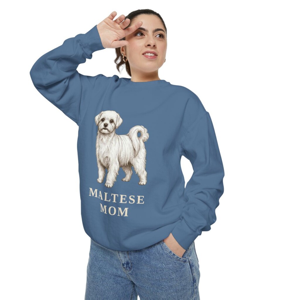 maltese-sweatshirt-mom-blue-jean-person-2-context Maltese Mom Sweatshirt, Blue Jean, person 2 context