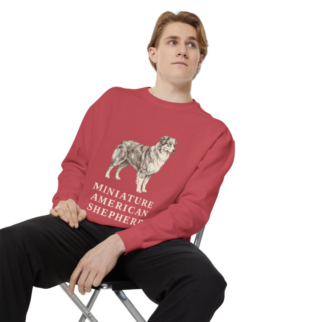 Miniature American Shepherd Sweatshirt, Crimson, person 1 context