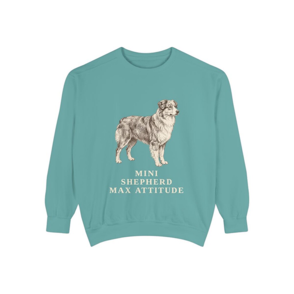 Miniature American Shepherd Humor Sweatshirt, Seafoam, front view
