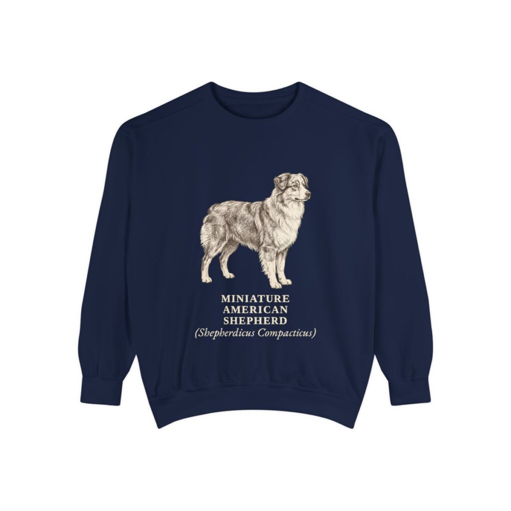 Miniature American Shepherd Latin Sweatshirt, True Navy, front view
