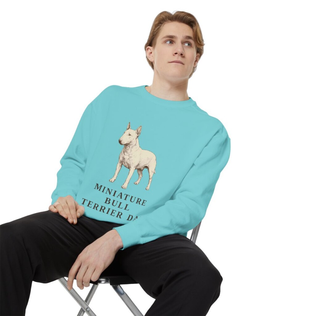 miniature-bull-terrier-sweatshirt-dad-chalky-mint-person-1-context Miniature Bull Terrier Dad Sweatshirt, Chalky Mint, person 1 context