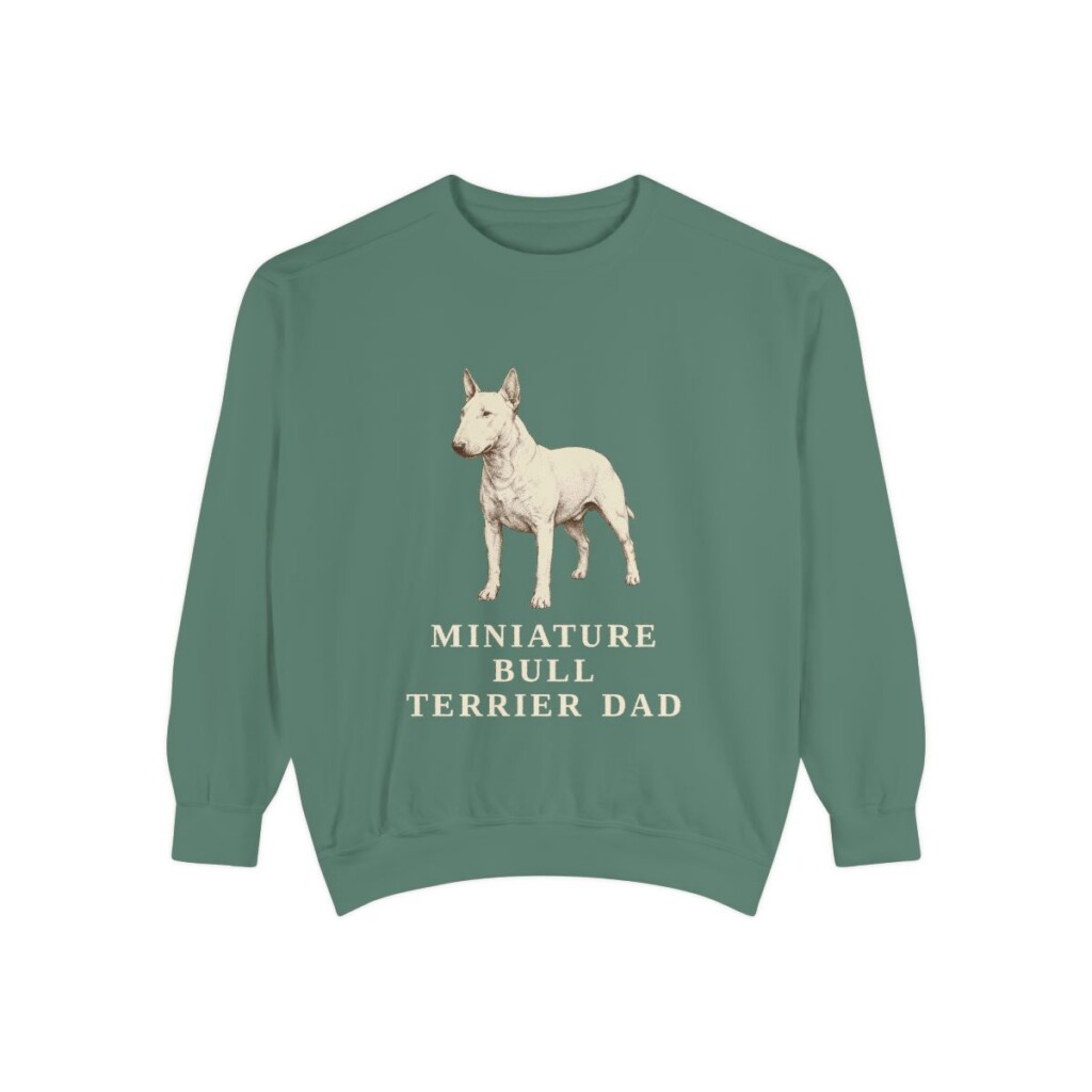 miniature-bull-terrier-sweatshirt-dad-light-green Miniature Bull Terrier Dad Sweatshirt, Light Green, front view
