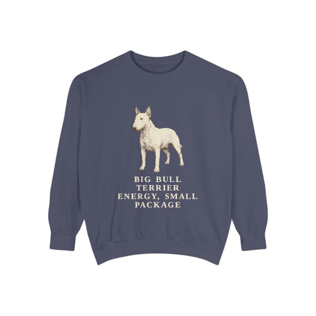 Miniature Bull Terrier Humor Sweatshirt, Denim, front view