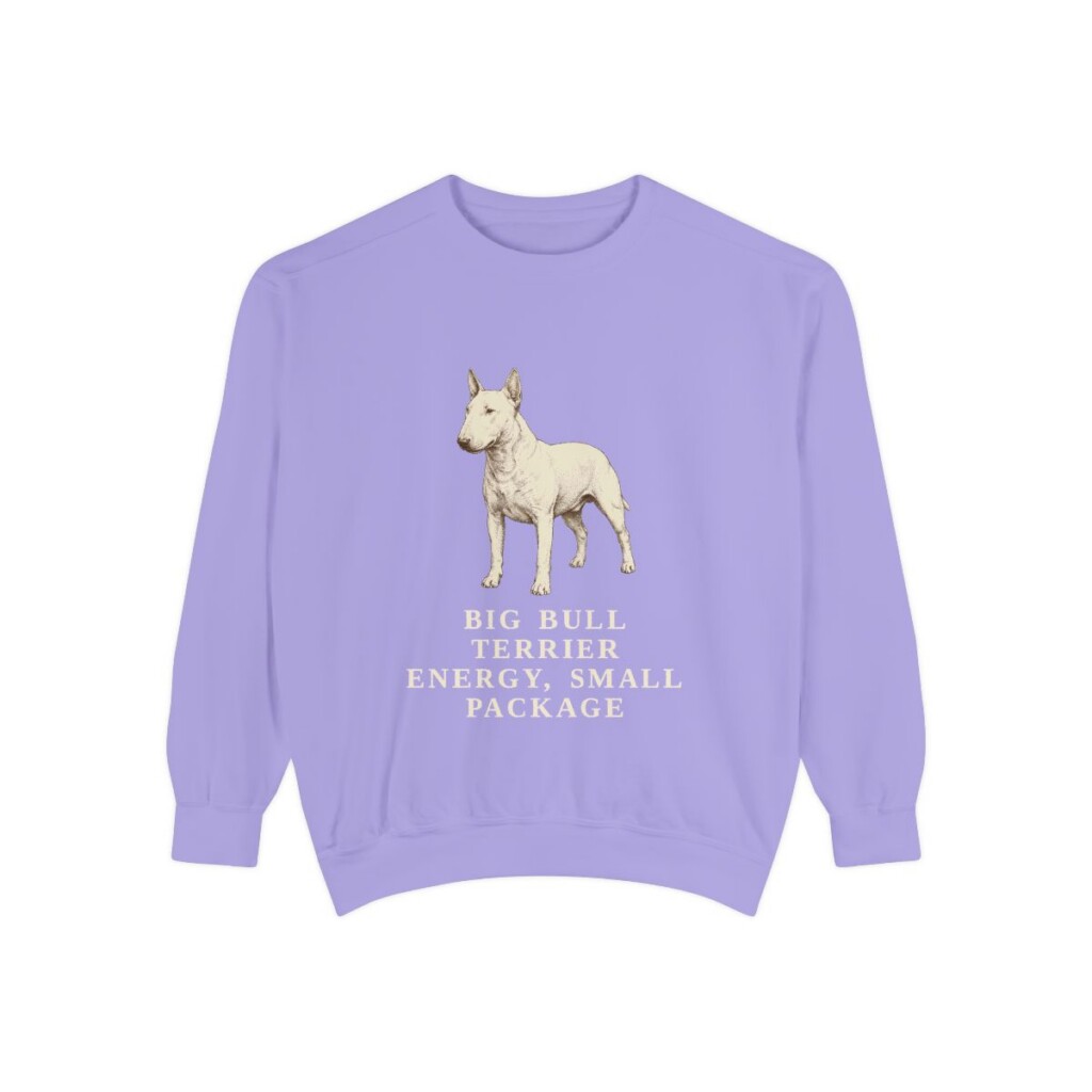 Miniature Bull Terrier Humor Sweatshirt, Violet, front view