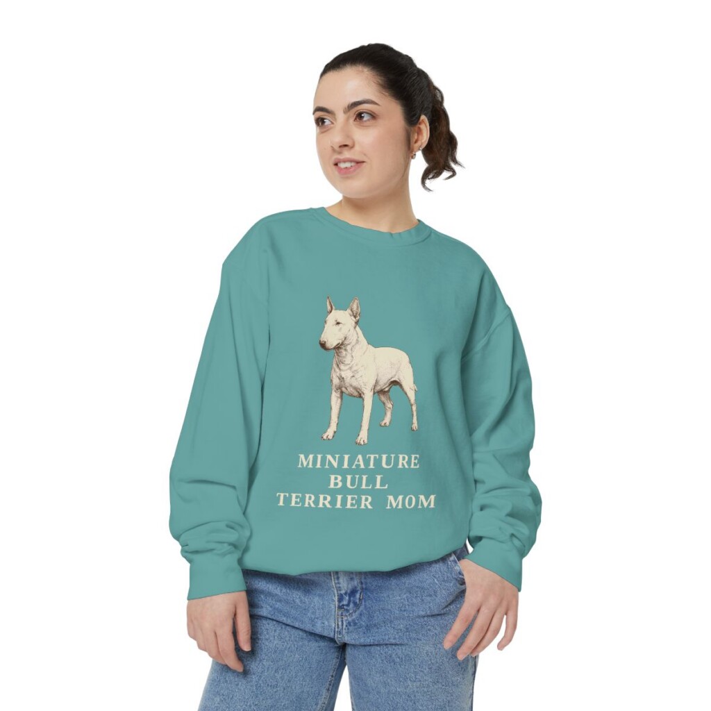 Miniature Bull Terrier Mom Sweatshirt, Seafoam, person 2 front
