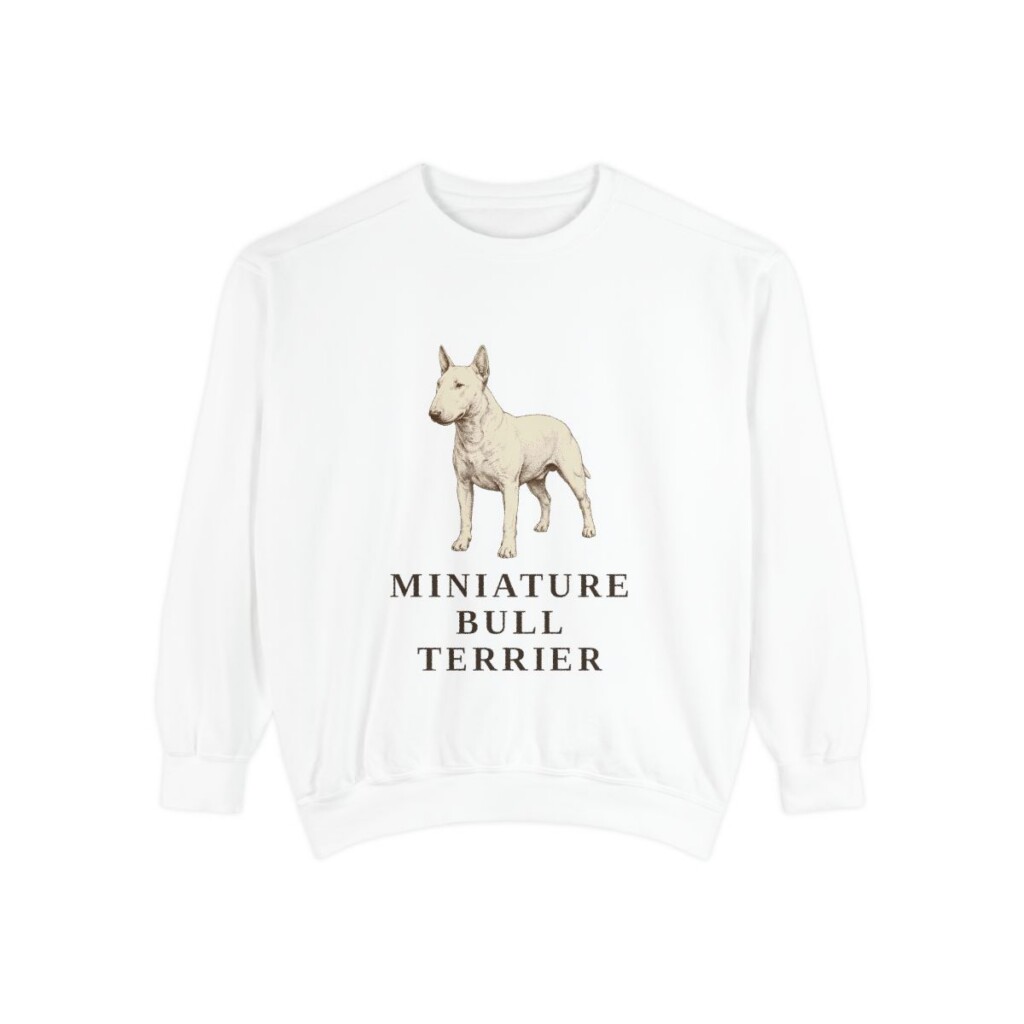miniature-bull-terrier-sweatshirt-white Miniature Bull Terrier Sweatshirt, White, front view