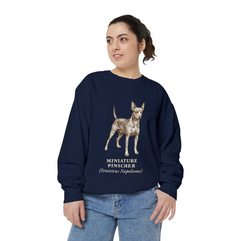 Miniature Pinscher Latin Sweatshirt, True Navy, person 2 front