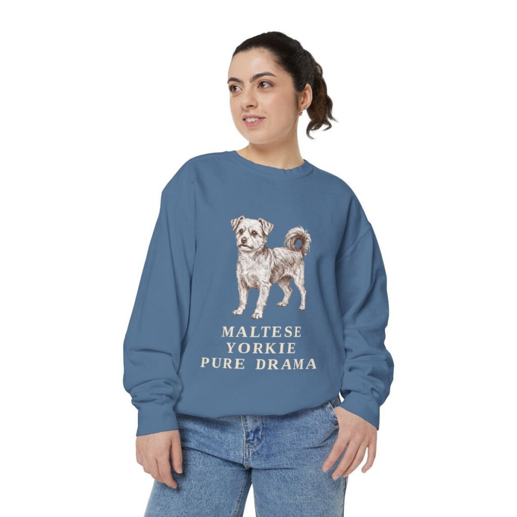 Morkie Humor Sweatshirt, Blue Jean, person 2 front