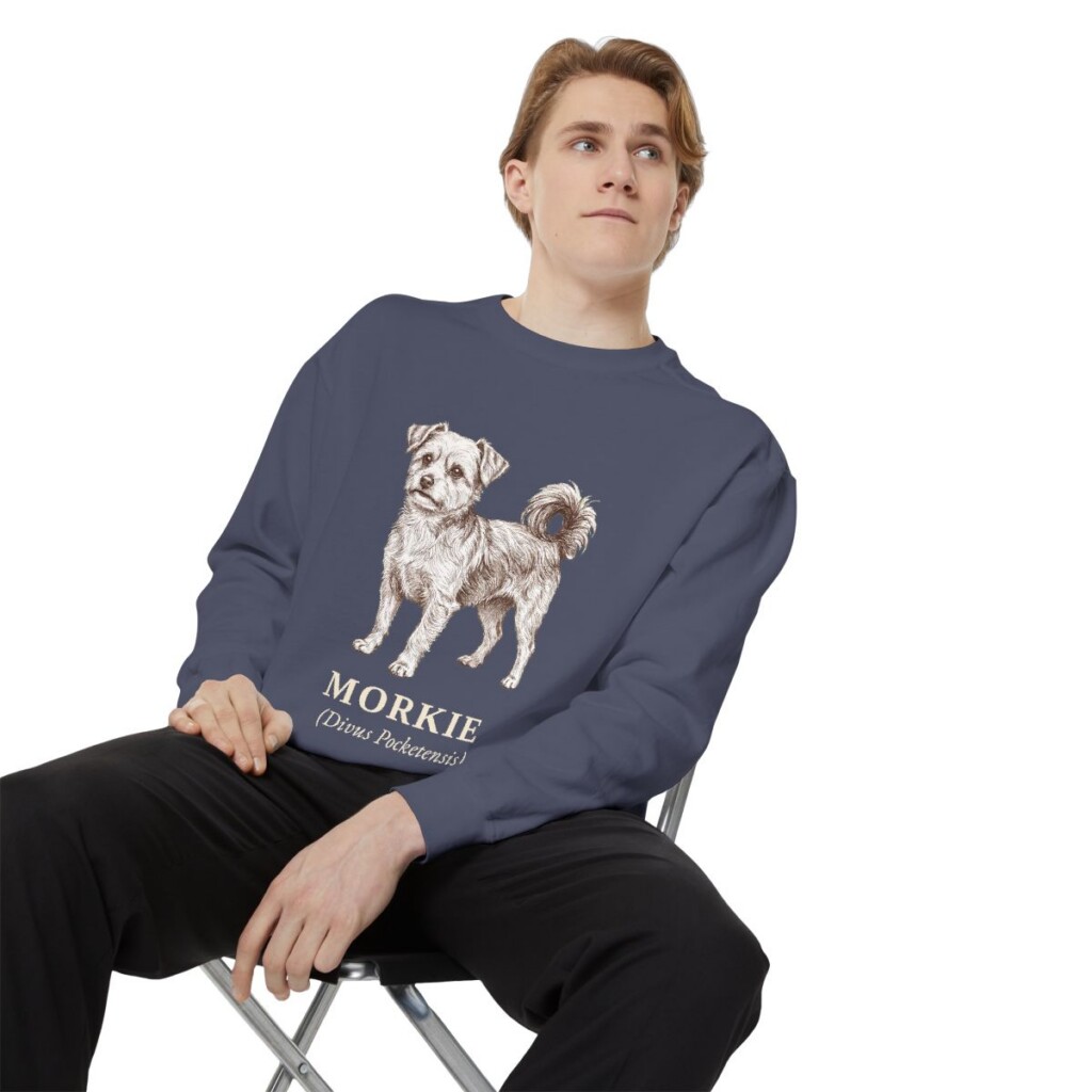Morkie Latin Sweatshirt, Denim, person 1 context