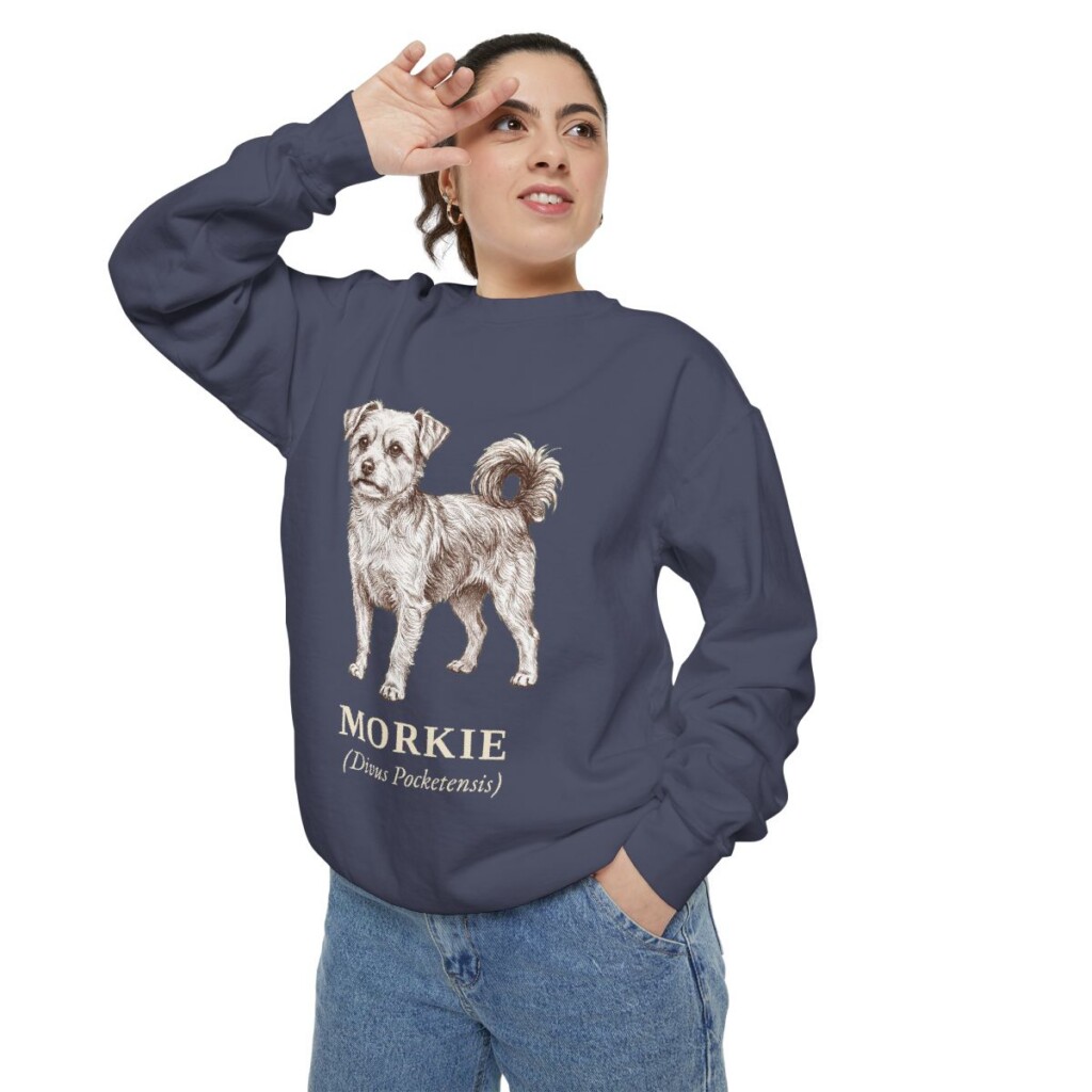 Morkie Latin Sweatshirt, Denim, person 2 context