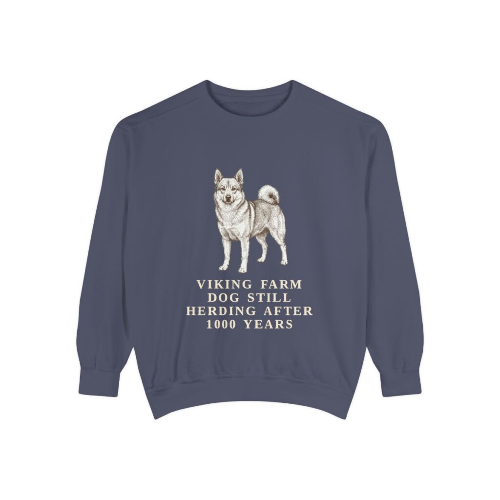 Norwegian Buhund Humor Sweatshirt, Denim, front view