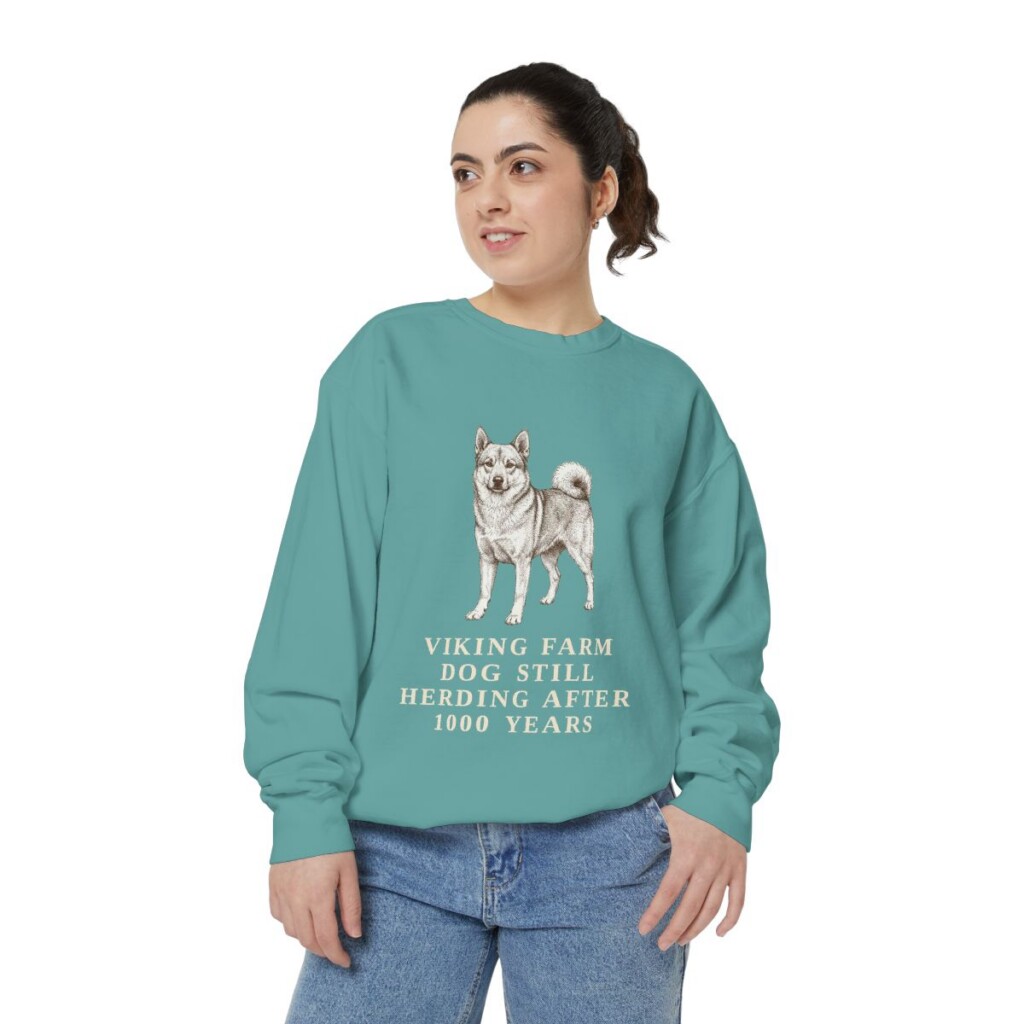 Norwegian Buhund Humor Sweatshirt, Seafoam, person 2 front