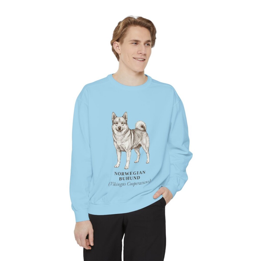 Norwegian Buhund Latin Sweatshirt, Chambray, person 1 front