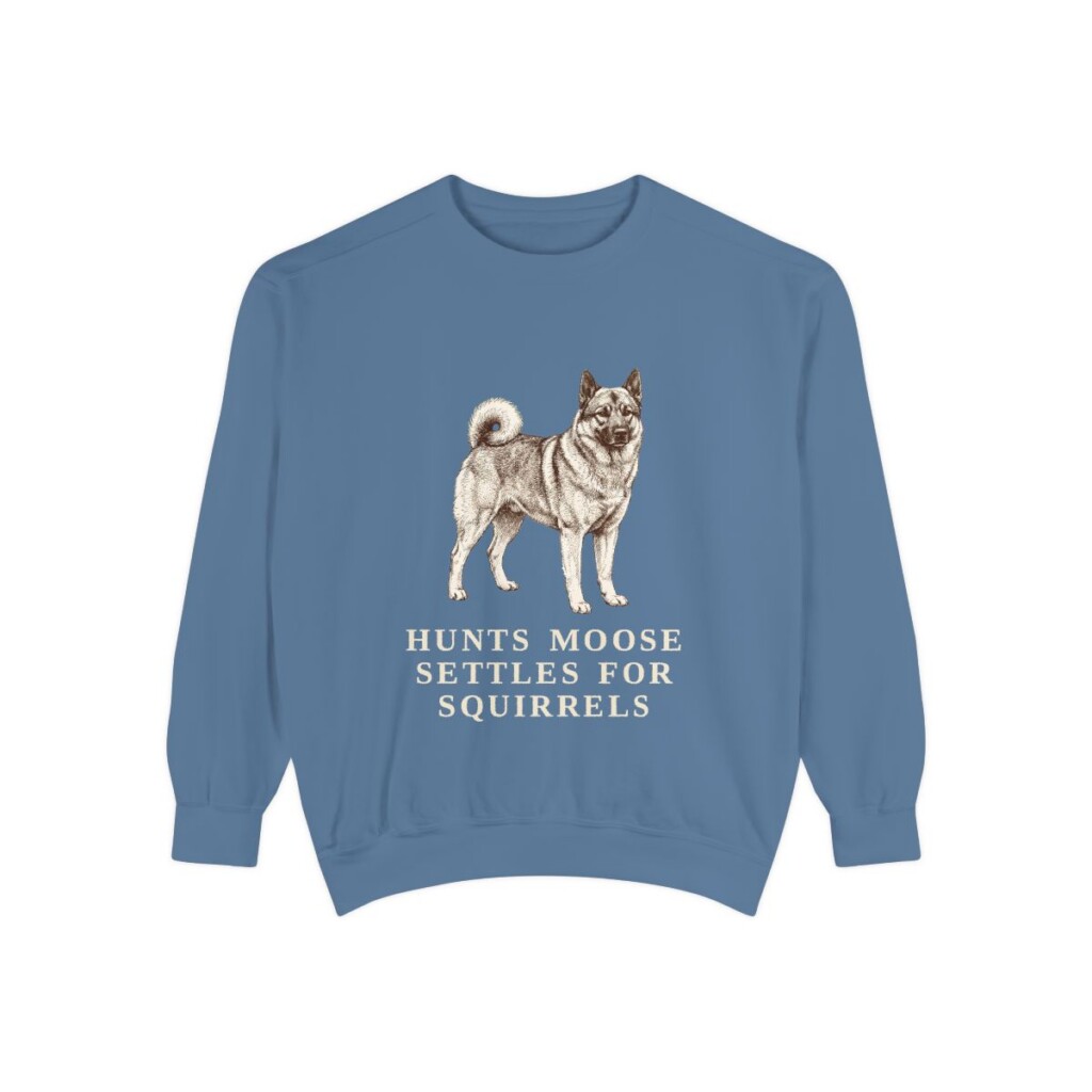 Norwegian Elkhound Humor Sweatshirt, Blue Jean, front view