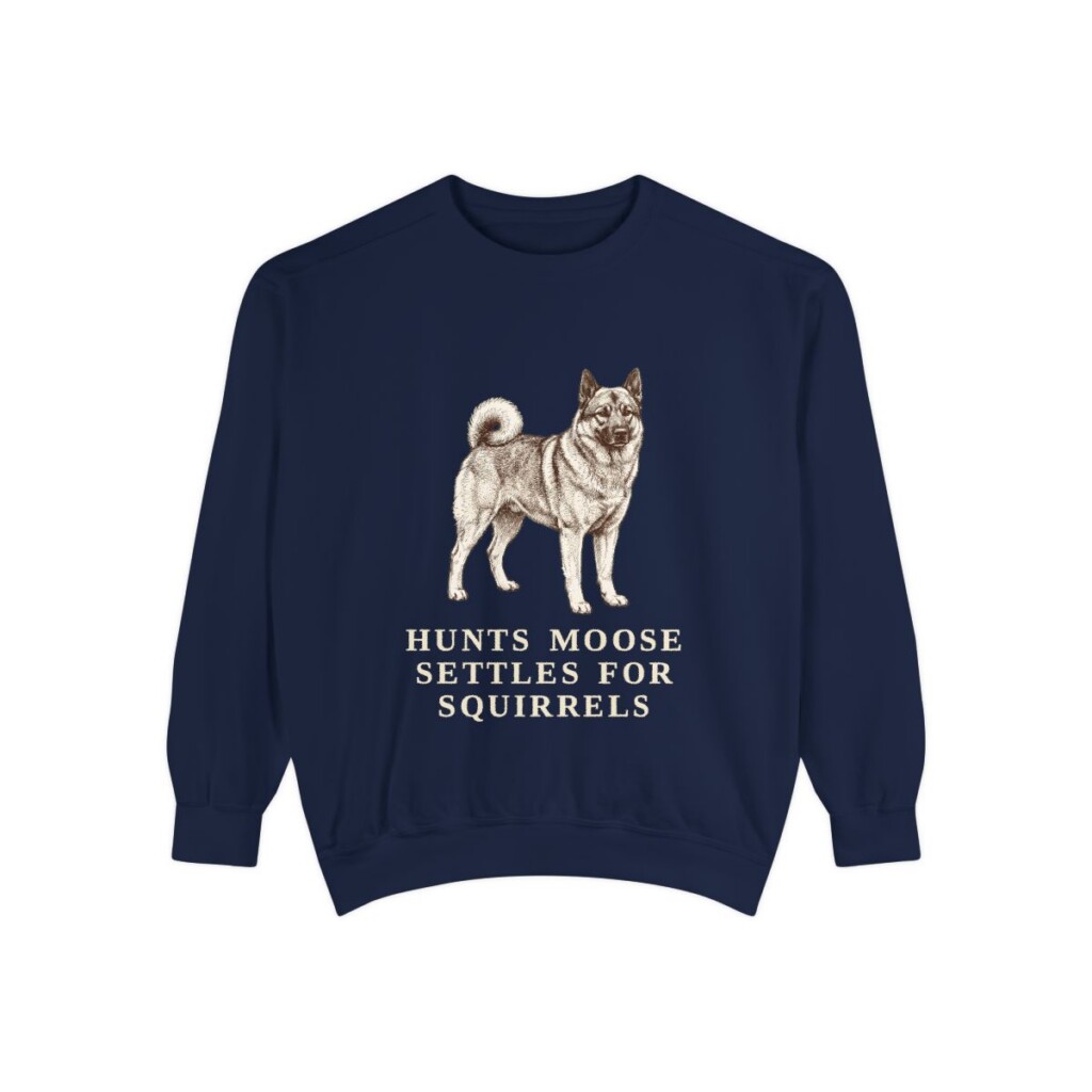 Norwegian Elkhound Humor Sweatshirt, True Navy, front view