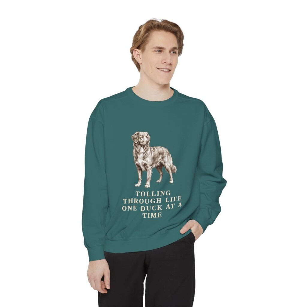 Nova Scotia Duck Tolling Retriever Humor Sweatshirt, Blue Spruce, person 1 front
