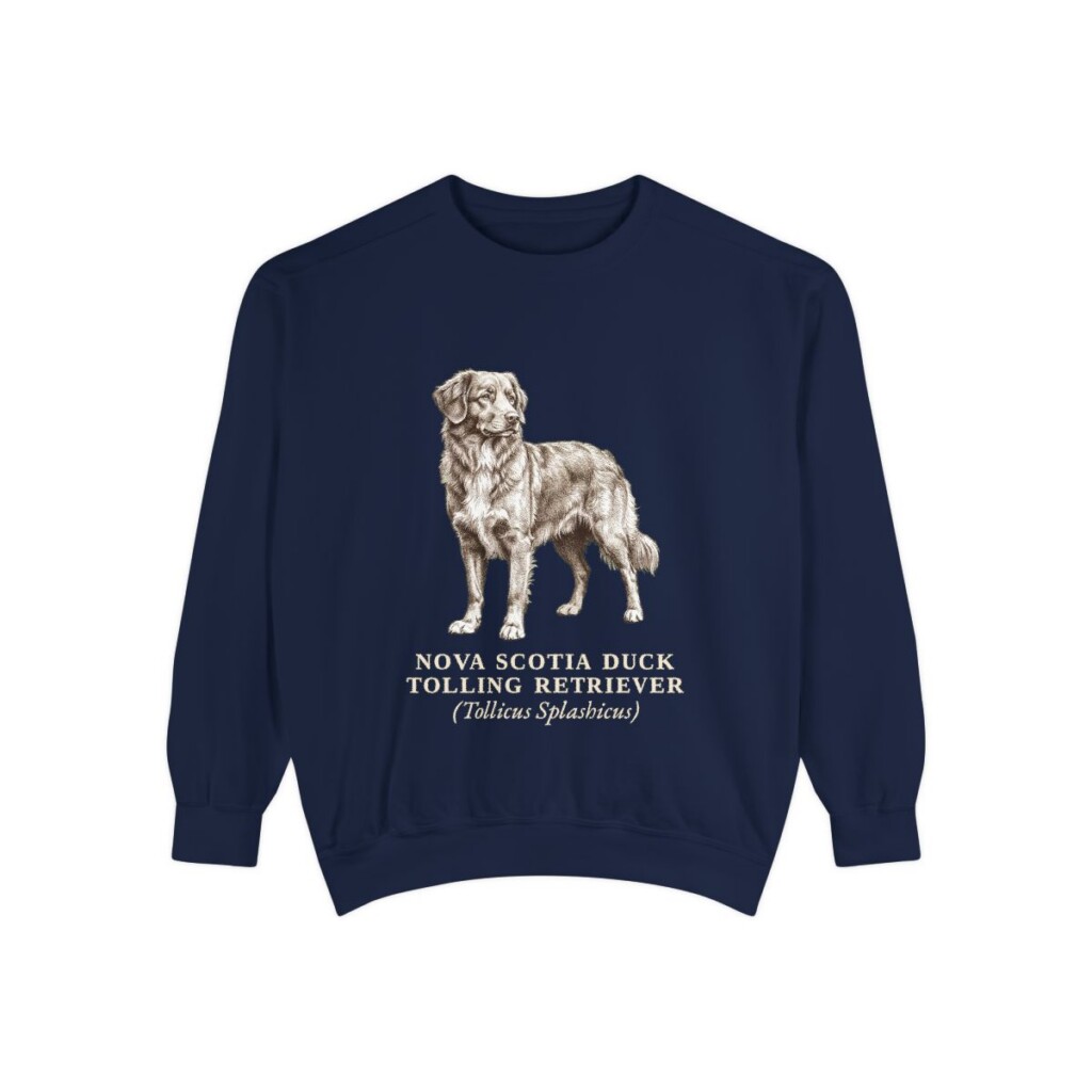 nova-scotia-duck-tolling-retriever-sweatshirt-latin-true-navy Nova Scotia Duck Tolling Retriever Latin Sweatshirt, True Navy, front view