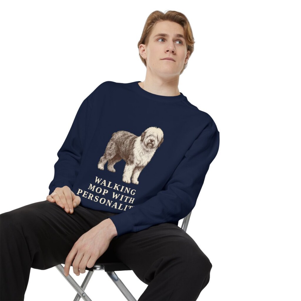 Old English Sheepdog Humor Sweatshirt, True Navy, person 1 context