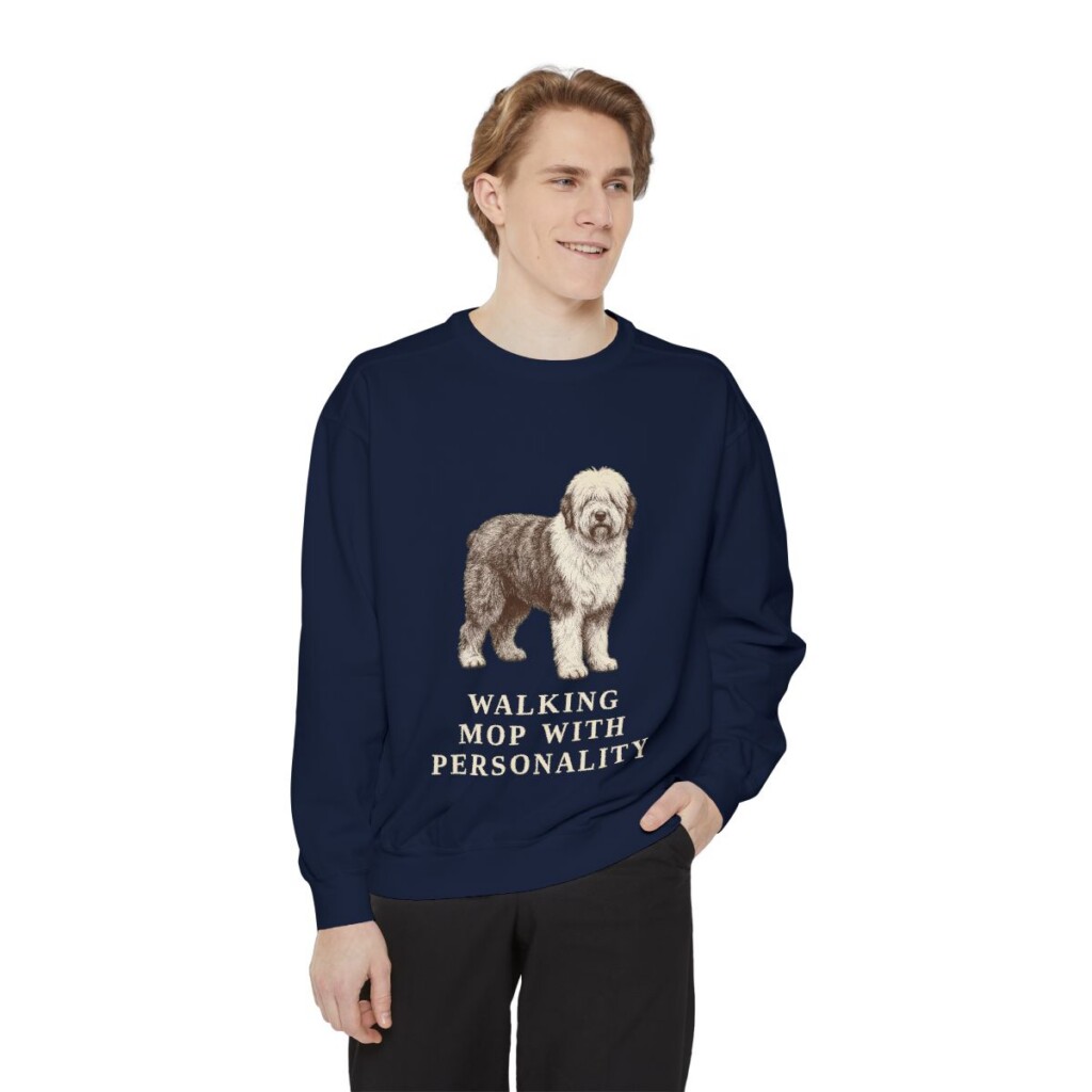 Old English Sheepdog Humor Sweatshirt, True Navy, person 1 front