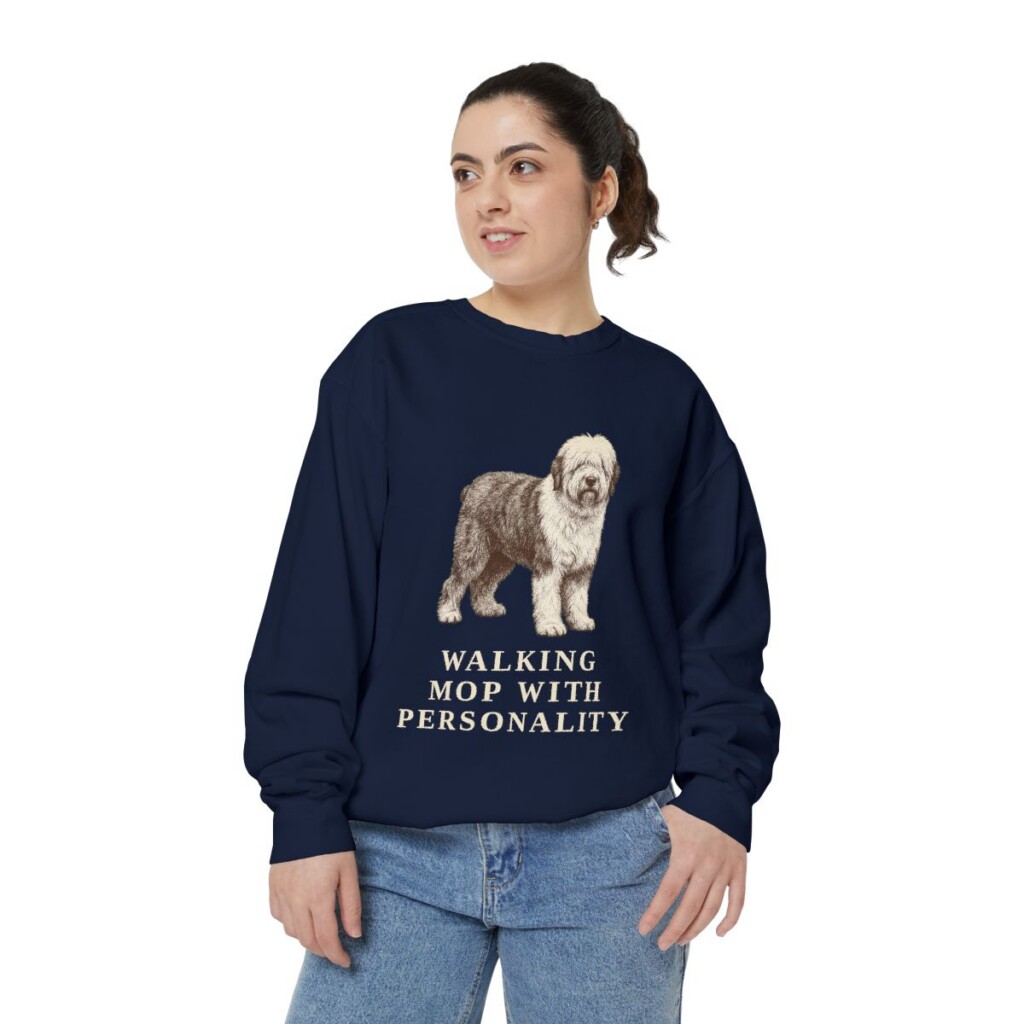 Old English Sheepdog Humor Sweatshirt, True Navy, person 2 front