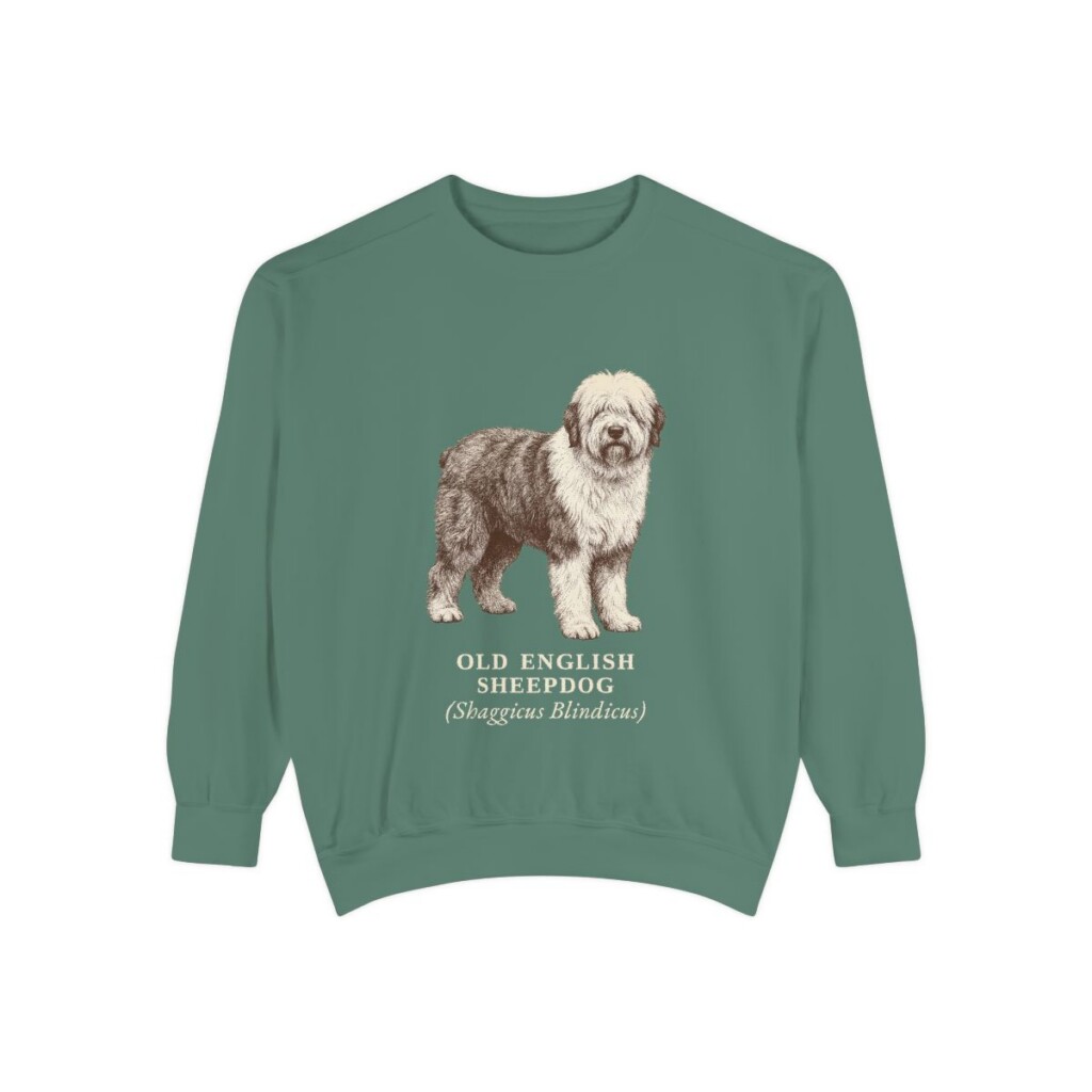 old-english-sheepdog-sweatshirt-latin-light-green Old English Sheepdog Latin Sweatshirt, Light Green, front view