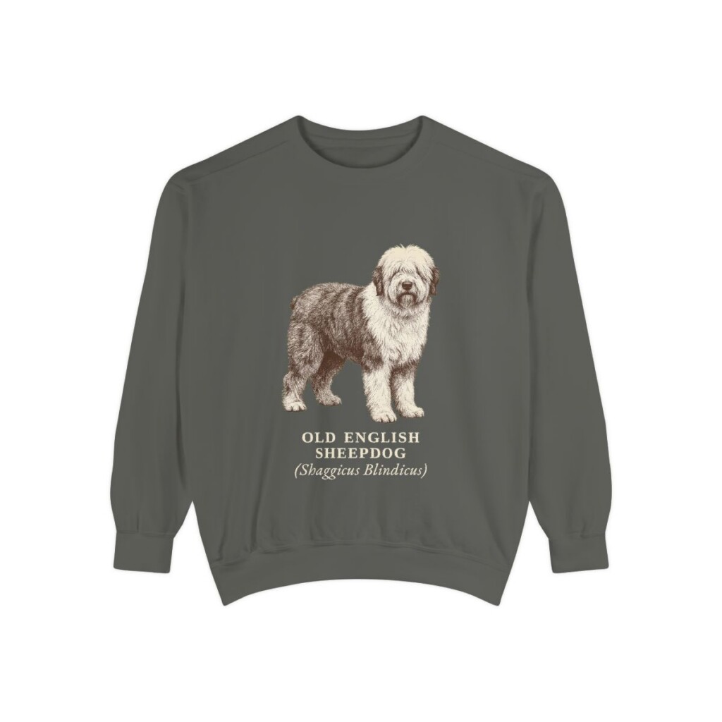 old-english-sheepdog-sweatshirt-latin-pepper Old English Sheepdog Latin Sweatshirt, Pepper, front view
