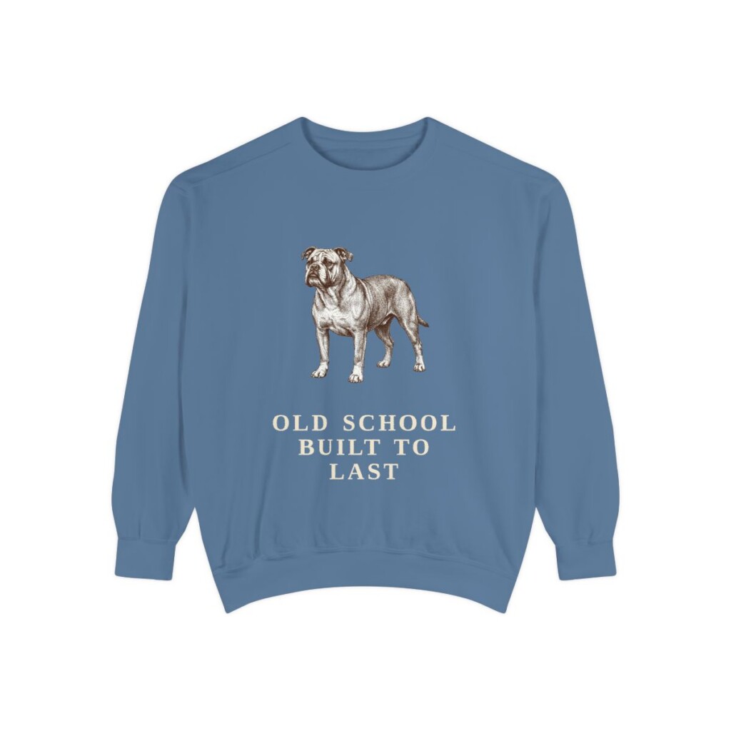 Olde English Bulldogge Humor Sweatshirt, Blue Jean, front view