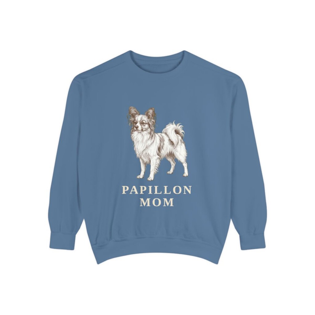 Papillon Mom Sweatshirt, Blue Jean, front view