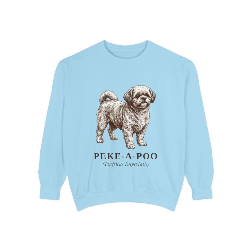 peke-a-poo-sweatshirt-latin-chambray Peke-A-Poo Latin Sweatshirt, Chambray, front view