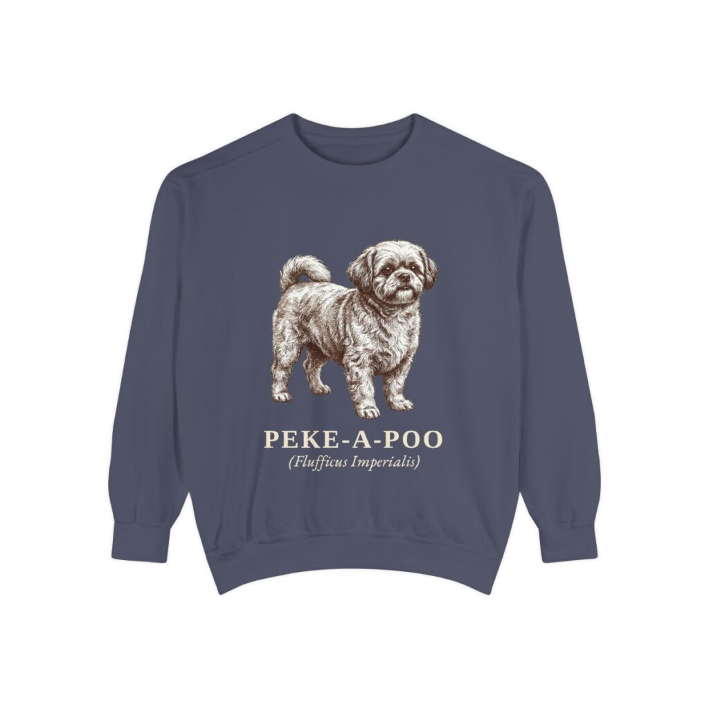 peke-a-poo-sweatshirt-latin-denim Peke-A-Poo Latin Sweatshirt, Denim, front view