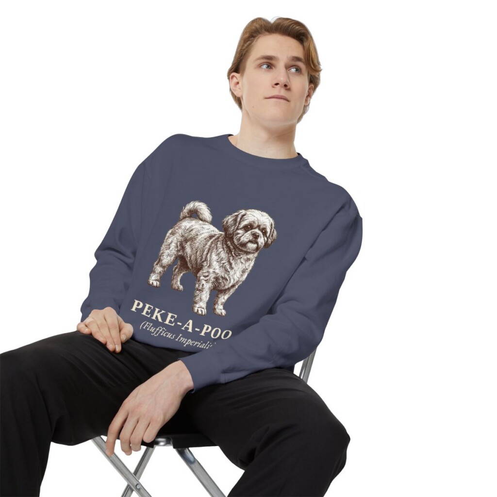 peke-a-poo-sweatshirt-latin-denim-person-1-context Peke-A-Poo Latin Sweatshirt, Denim, person 1 context